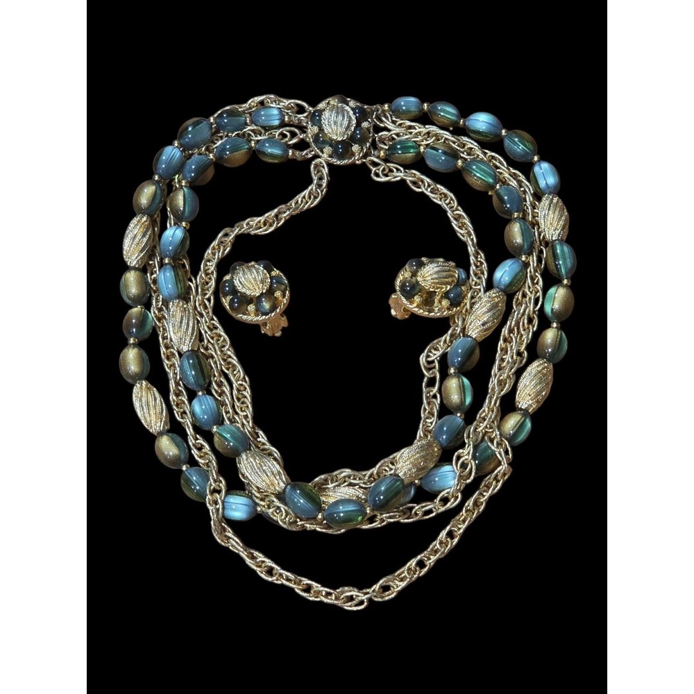 Vintage Kramer Cat Eye Multi Strand Gold Tone Necklace Earrings Set 1960s